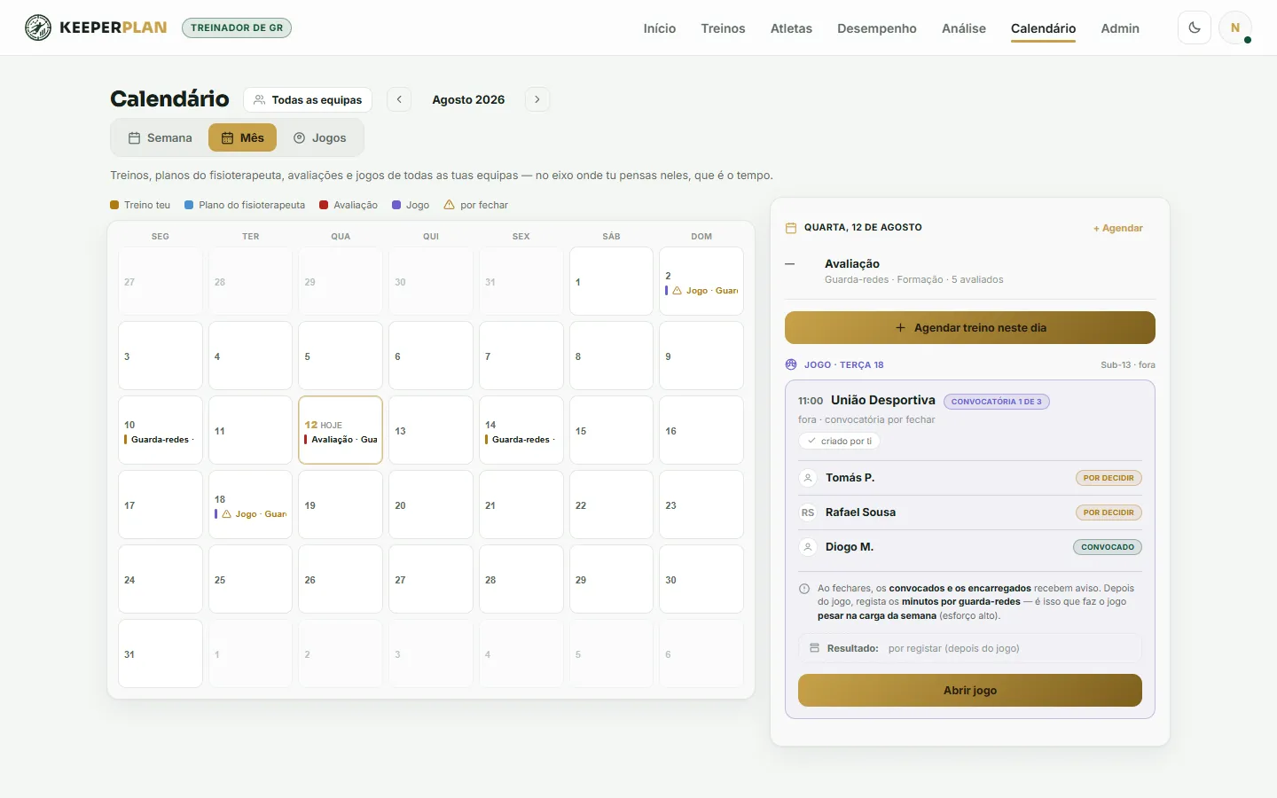 Calendário na consola do treinador, tema claro